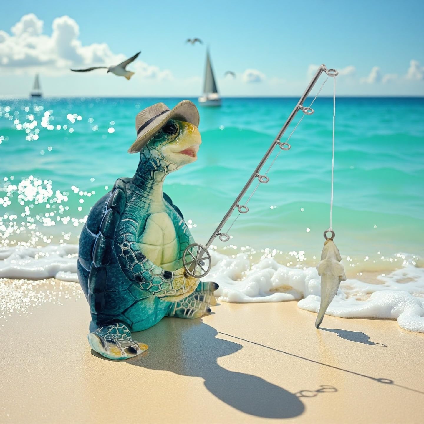 Xzlgyffy Turtle Fishing Decor, Summer Garden Statues, Nautical Coastal Beach Decorations, Home Office Decor Gifts, Bookshelf Desk Bathroom Tabletop Statue Ornament (Turtle Fishing)