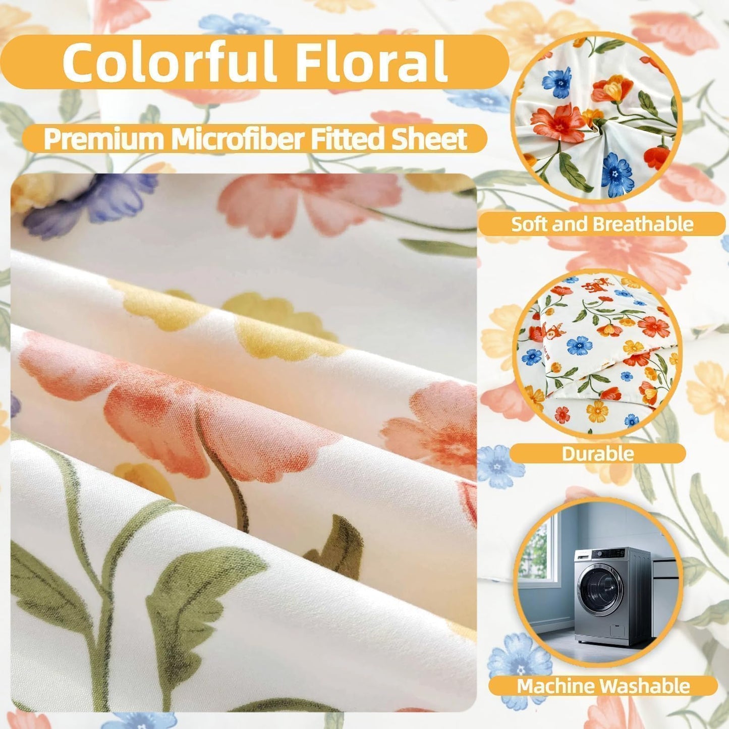 SDIII Reindeer and Floral Twin Fitted Sheet with 2 Pillowcases, Deep Pocket Soft Microfiber Fawn and Floral Sheet Twin Size All Season