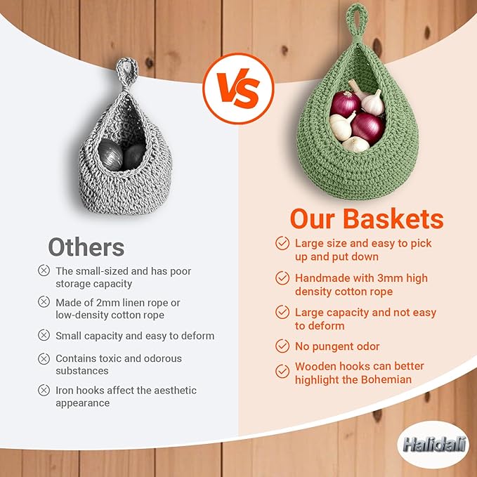 Halidali Hanging Fruit Baskets for Kitchen, 3 Pack Boho Cotton Rope Handwoven
