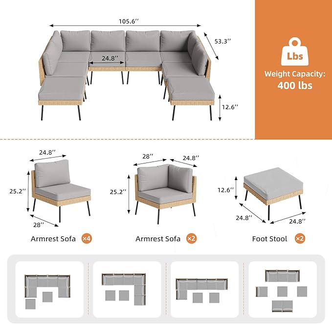 Aoxun 8-Piece Patio Furniture Set, Wicker Outdoor Furniture