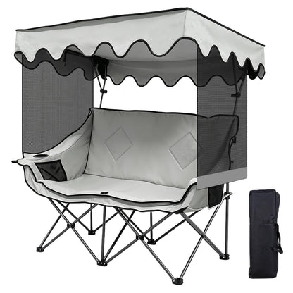 Double Camping Chair with Canopy Shade, Portable Beach Chair with 2 Cup Holders and Bags, Folding Heavy Duty Oversized Double Chairs with Side and Back Pockets, Outdoor Loveseat Chairs for Patio, Lawn