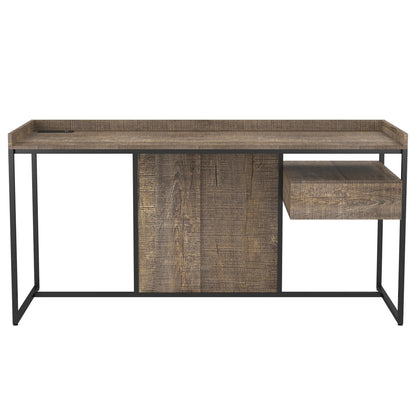 24/7 Shop at Home Lochlan Industrial 1 Drawer Metal Writing Desk with USB Port, Power Outlet, 1 Shelf for Workstation, Home Office, Study Room, Matte Black and Oak Brown