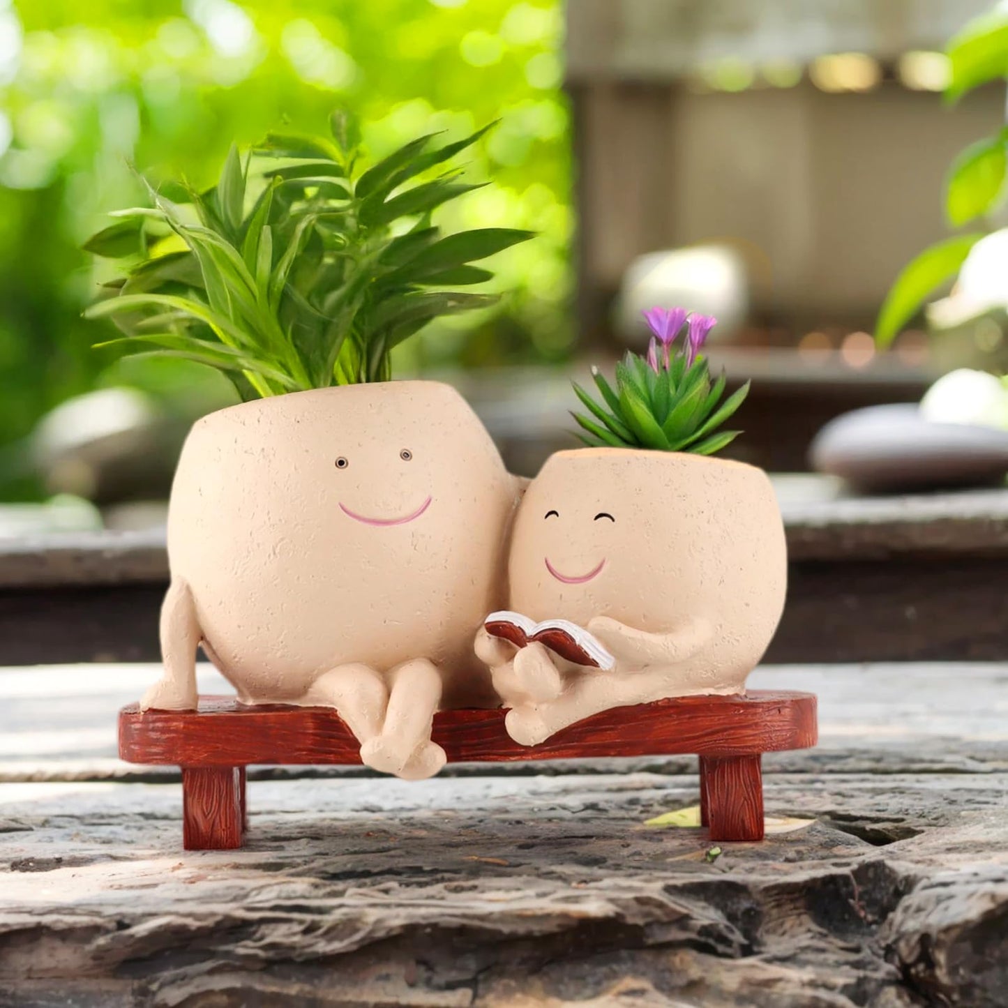 Meltset Cute Face Planter Pot - Funny Double Head Planter Sitting on Bench, Smiley Succulent Pot with Drainage Indoor and Outdoor, Unique Gift for Plant Lovers(Light Brown)
