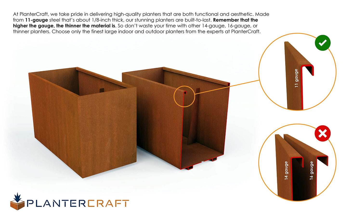 Plantercraft Large Rectangular Planters for Outdoor Plants - 30x18x18 Inch Corten Steel Planter | Heavy Duty Metal Planter Rectangle for Patio & Garden | Large Outdoor Planter Box