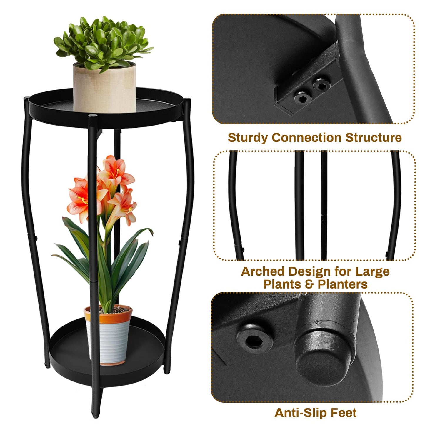 Uniqcovosa Plant Stand Indoor, 2 Tier Tall Wood Plant Stand, 4-Leg Floor Corner Plant Stands, Heavy Duty Plant Shelf Plant Rack Flower Stands For Home Decor (B - Black)