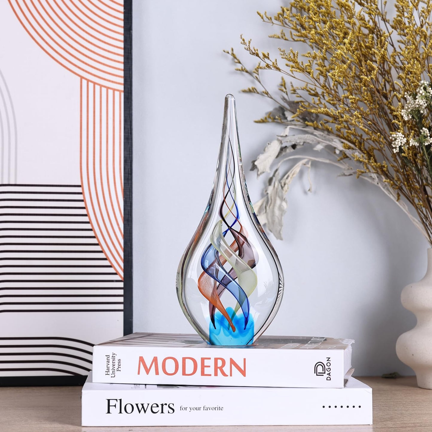 GrivSheen Hand Blown Glass Sculpture, Murano Style Decor, Clear Glass Art Collection Figurines, Teardrop Decorative Statue for Office Shelf, Unique Teardrop Sculpture Paperweight, Beach Room Decor