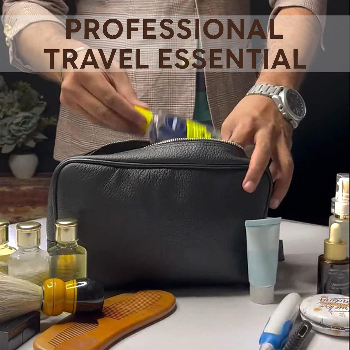 RUSTIC TOWN Full Grain Leather Travel Toiletry Bag - Cosmetic Makeup Kit Organizer (Medium, Black)