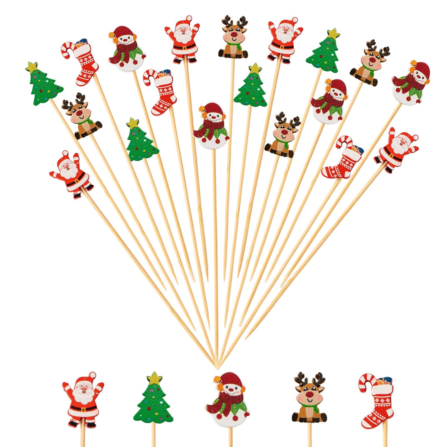 Jiesky 240 Counts Christmas Cocktail Picks Christmas Tree Snowflake Snowman Santa Claus Reindeer,4.7in Bamboo Cocktail Toothpicks Fruit Food Appetizer for Christmas Party Decorations 2024