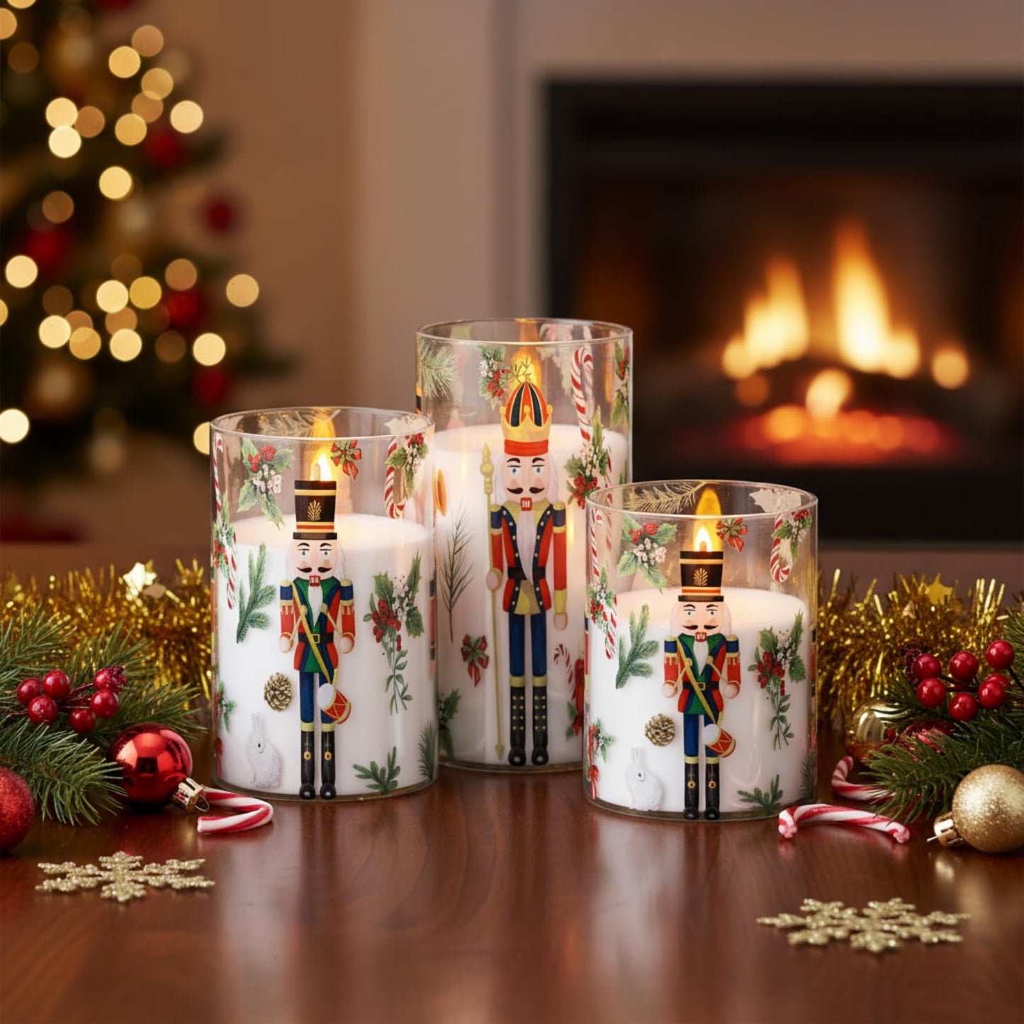 Glooglitter 3 Pcs Nutcracker Christmas Flameless Candle with Remote Timers Christmas Battery Operated Candles LED Flickering Candlestick for Xmas Party Home Decor