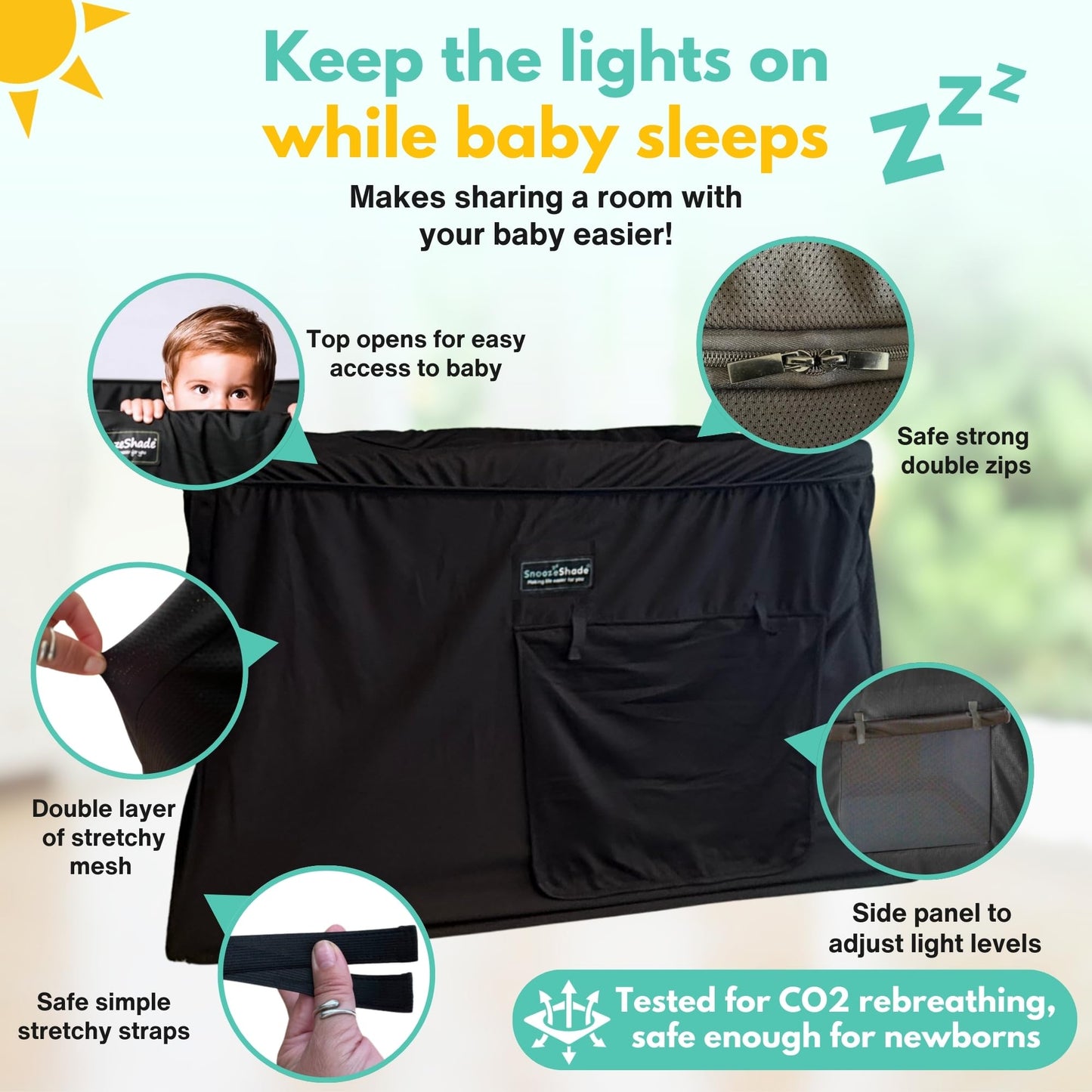 SnoozeShade Travel Cot Blackout Cover and Sleep Canopy Breathable Baby Mesh Blocks 94% of Light, Universal Fit for Holiday Cribs Nursery Mosquito Protection and Naps Away from Home