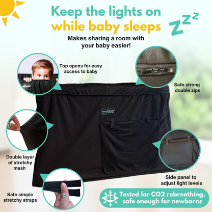 SnoozeShade Travel Cot Blackout Cover and Sleep Canopy Breathable Baby Mesh Blocks 94% of Light, Universal Fit for Holiday Cribs Nursery Mosquito Protection and Naps Away from Home