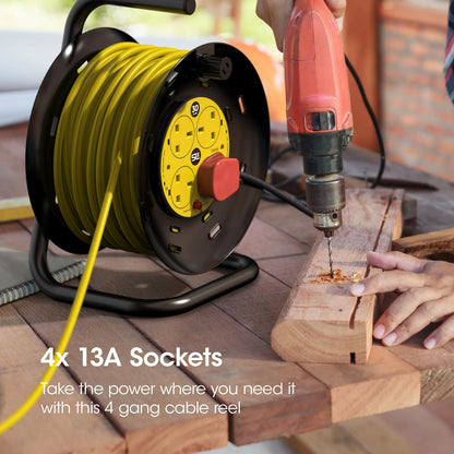 Extension Lead 30m Heavy Duty Cable Reel, 4 Socket Cord Reel UK Plug Socket with Thermal Cut-Out Protection 13A Fused Plug