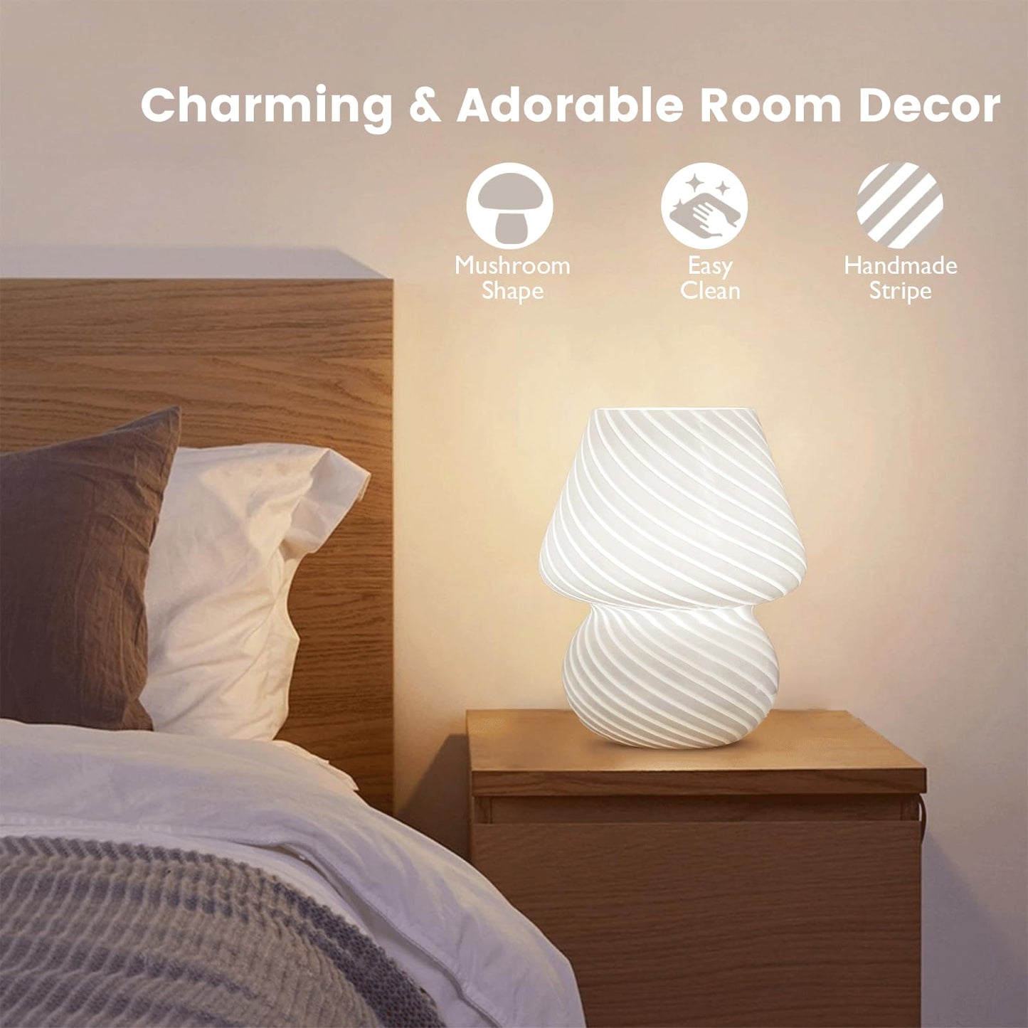 ULAROOM USB Plug-in Mushroom Lamp Small Bedside Table Lamp with 3 Temperature LED Bulb,Free Dimming Nights Light for Bedroom/Living Room/Entryway/Corner Decor (Stripe White)