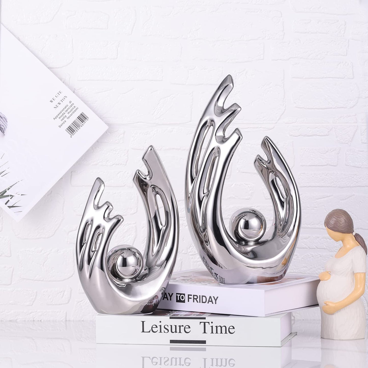 LCCCK 9.5" H Silver Aesthetic Room Decor Accent, TV Stand Funky Table Centerpiece, Abstract Art Ceramic Statue and Sculpture, Silver Decor for Living Room, Bookshelf Decorative Objects, Shelf