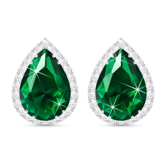 Linawe Silver Emerald Green Stud Earrings, Imitation Diamond Cubic Zirconia Earrings Studs Women, Teardrop Rhinestone Crystal Formal White Gold Earring Set Wedding Bridal Bridesmaid