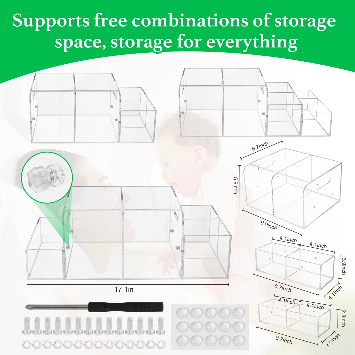 NANYEZH Acrylic Diaper Caddy, Baby Wipes Organizer for Changing Table, Dresser Top Tabletop Organizer with 4 Detachable Compartments, Anti-slip Rubber Feet, Newborn Baby Essentials, Clear