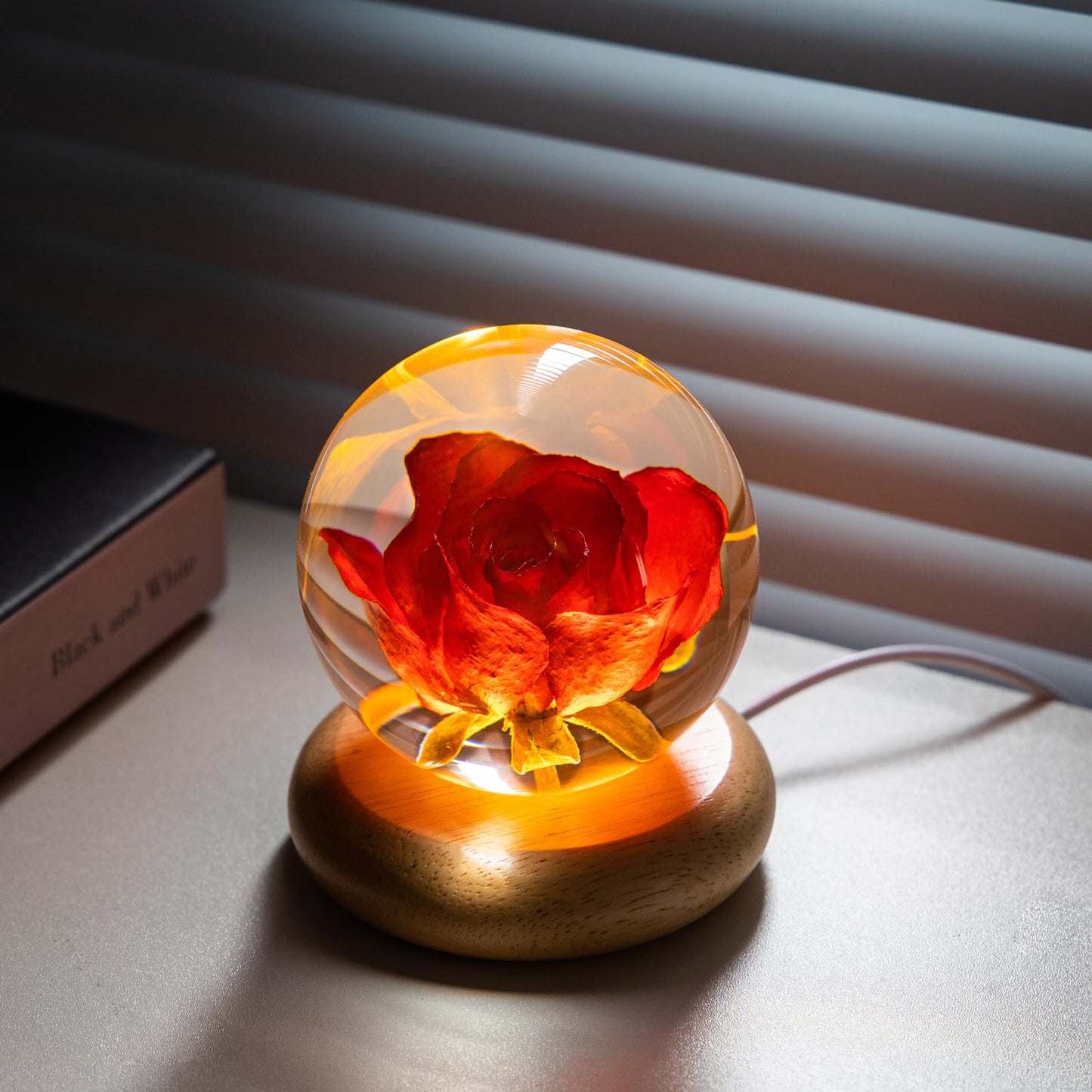 DEALFUN Real Flower Crystal Ball Night Light, Preserved Botanical Resin Sphere with Warm LED Wooden Base, Artistic Floral Lamp, Aesthetic Decor, Eternal Flower Gift for Women, Mom, Her (Rose)