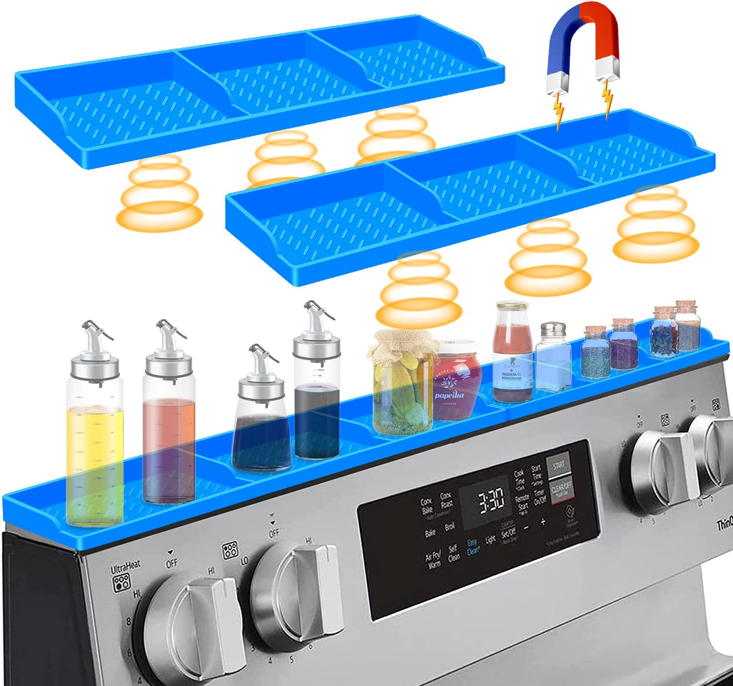 Hydream Stove Top for Shelf Silicone,30 Inch Magnetic Over the Stove Spice Rack of Shelf,Kitchen Organizer Magnet Above Stovetop Flat Back of Storage Suctioned-Blue