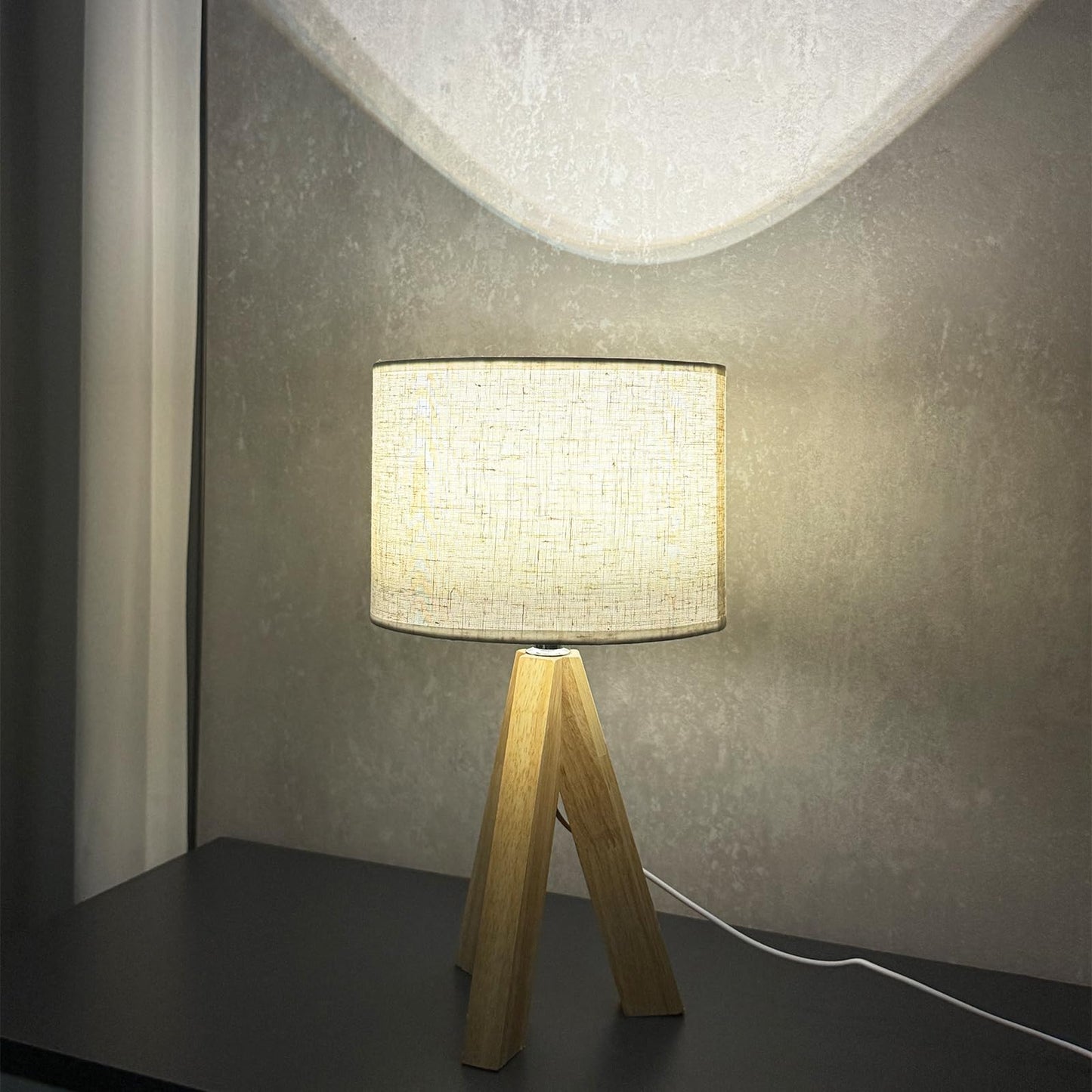Tripod Table Lamp, Small Cute Bedside Lamp with Linen Beige Lampshade, Nightstand Lamp for Nursery, Bedroom, Kid Room, Living Room, Light Brown Wooden Base, E26 Socket, 12.8Inch, 3000K, 4500K, 6000K