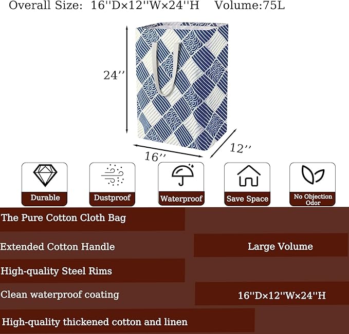 Waterproof Laundry Hamper 75L Collapsible Laundry Basket Extended Cotton Handle