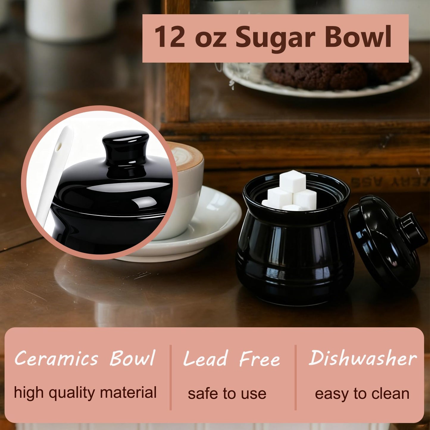 Fcreimd Sugar Bowl Ceramic Sugar Jar, Sucrier 12 oz Sugar Container with Lid and Spoon (Black)