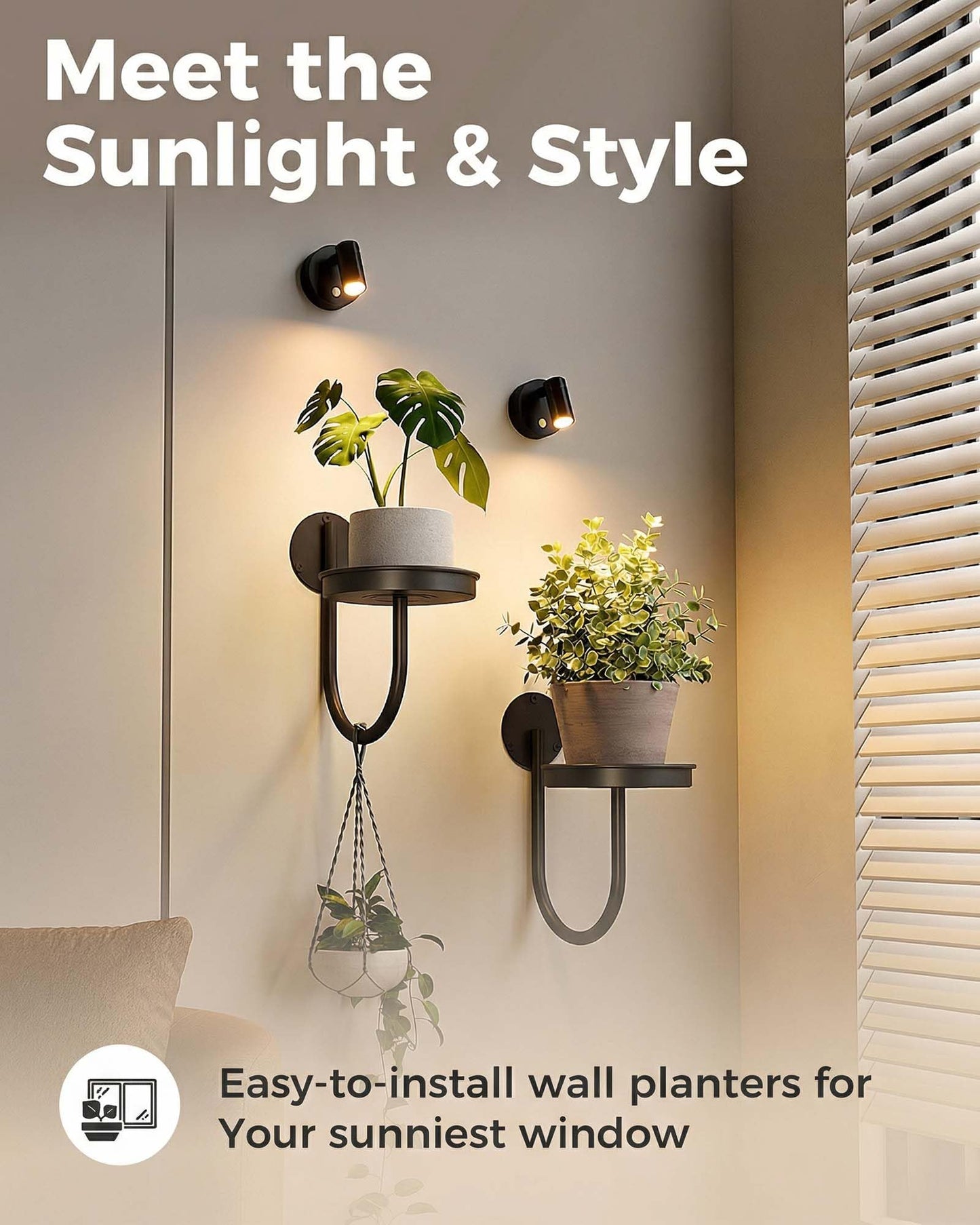 Leaf&lull Wall Plant Holder Plant Stand with Lights Wall Planters for Indoor Plants with Planter Plant Hanger Hanging Plant Holder Wall Hanging Decor 2 Pack Black