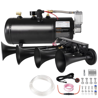 AOLIHAN Super Loud Train Horns Kit,180dB Four Trumpet Truck Horns with 150 PSI Air Tank,12V Air horn with 0.8 gallon Air Compressor Can for Truck, Jeep,Pickup,SUV (Black truck parallel horn kit)