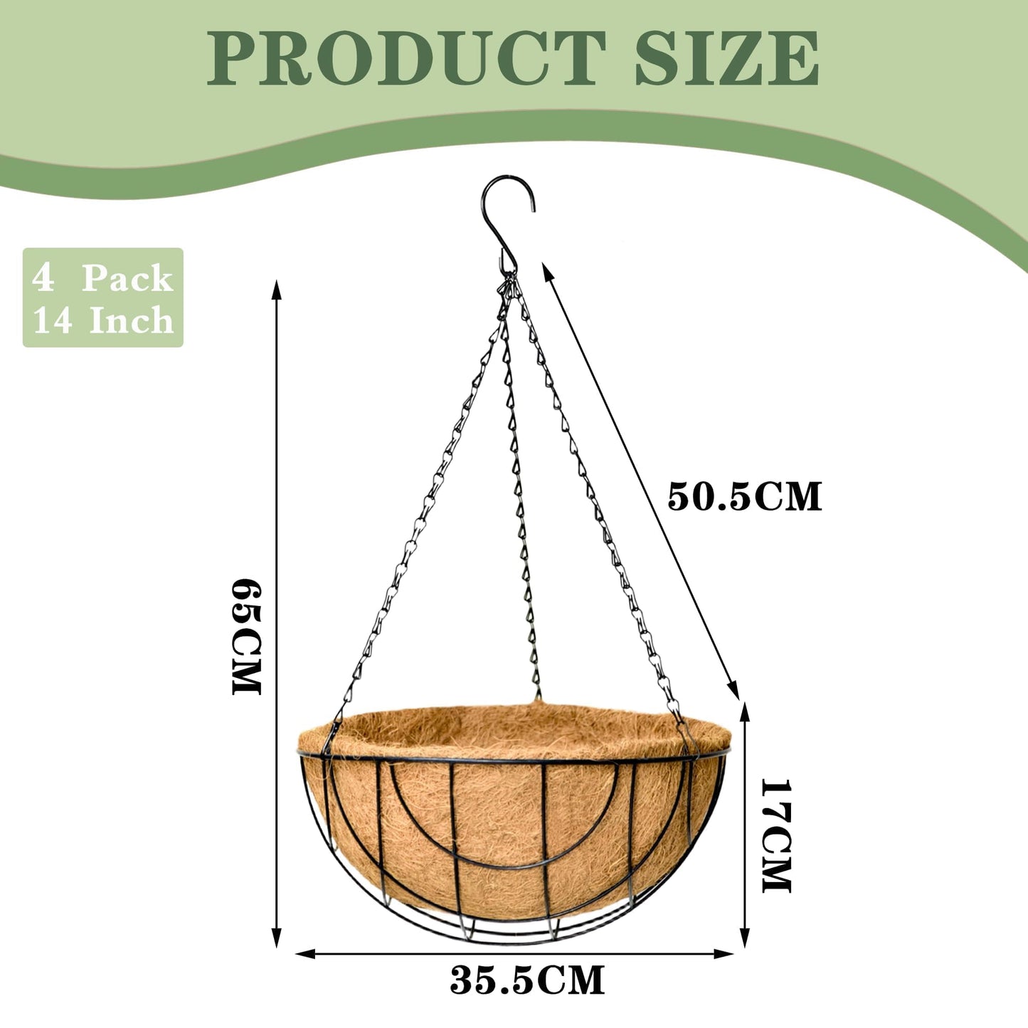 EIMQUVW Outdoor Metal Hanging Planters Basket (4pack, 14 inch) Hanging Baskets for Plants Chain Round Wire Plant Holder with Coco Fiber Liners for Garden, Patio, Deck, Porch(Grid)
