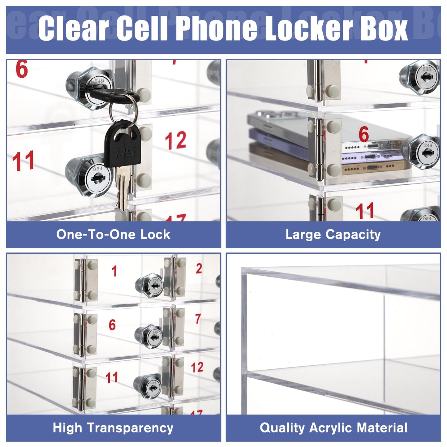 Layhit Clear 30 Slots Cell Phone Locker Box for Classroom Clear Acrylic Cell Phone Storage Cabinet Bin with Door Locks for Classroom School Students Office Factory Employees