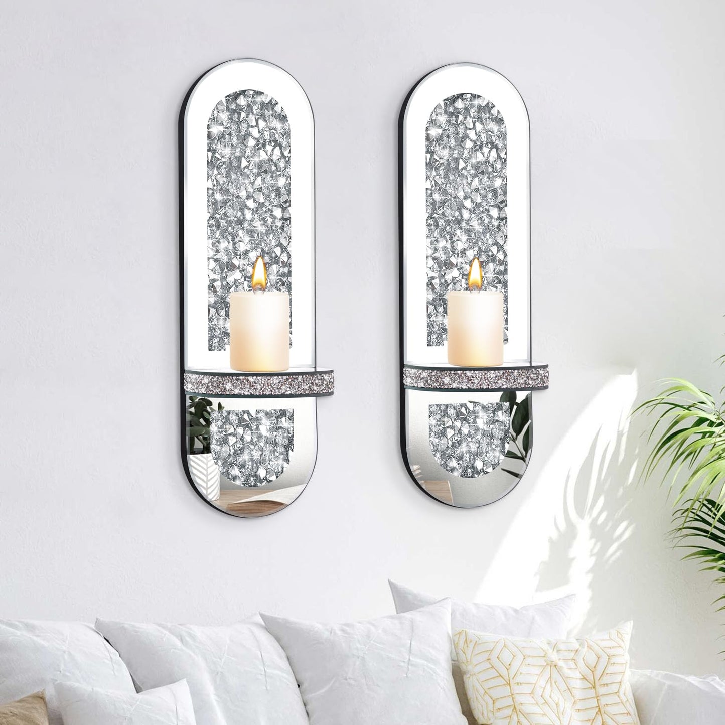 Crystal Crushed Diamond Mirrored Candle Sconces Set of 2, Glam Silver Wall Candle Holders for Living Room Bedroom Hallway Decor Large Wall Mounted Mirror Candle Holder with Sparkly Crystal Shelf