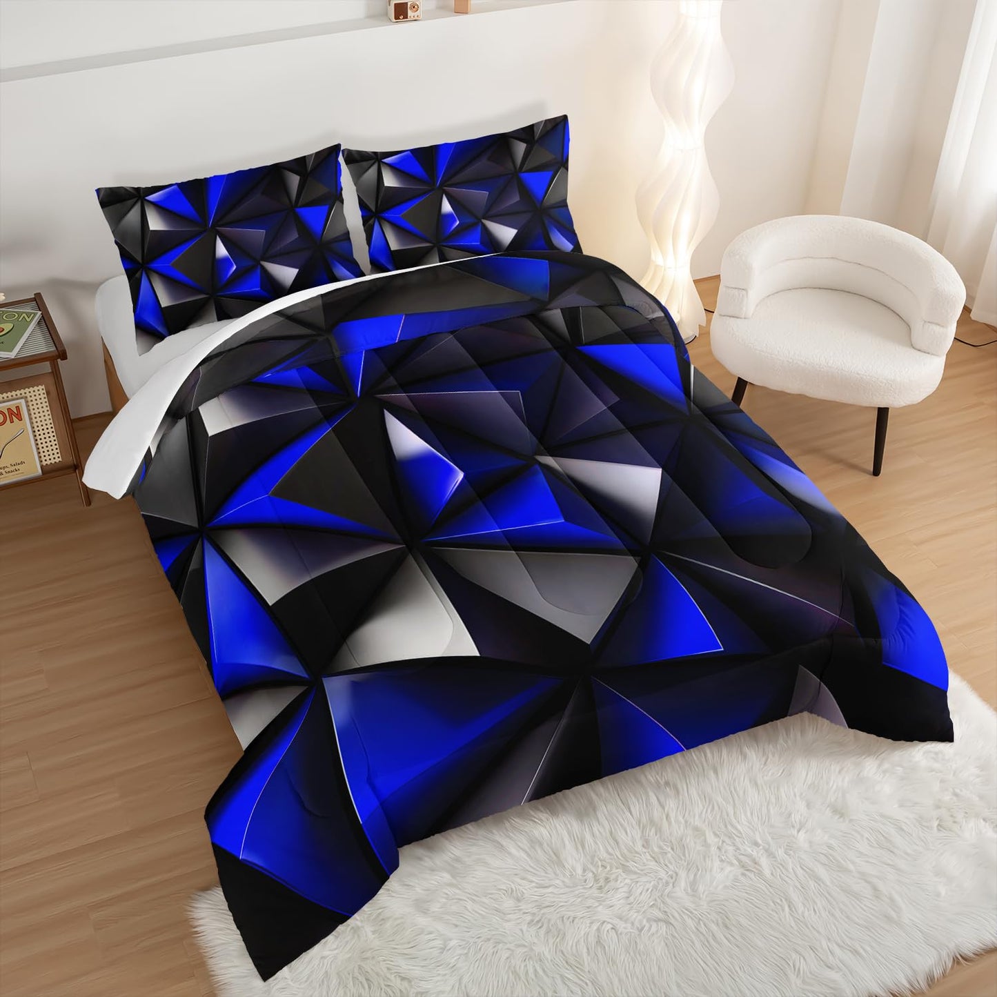 UEVBF Blue and Black Bedding Set Twin Size,Geometric Pattern Comforter Set for Kids Boys Girls Geometry Room Decor,Art Aesthetic Bedding with 2 Pillowcases.