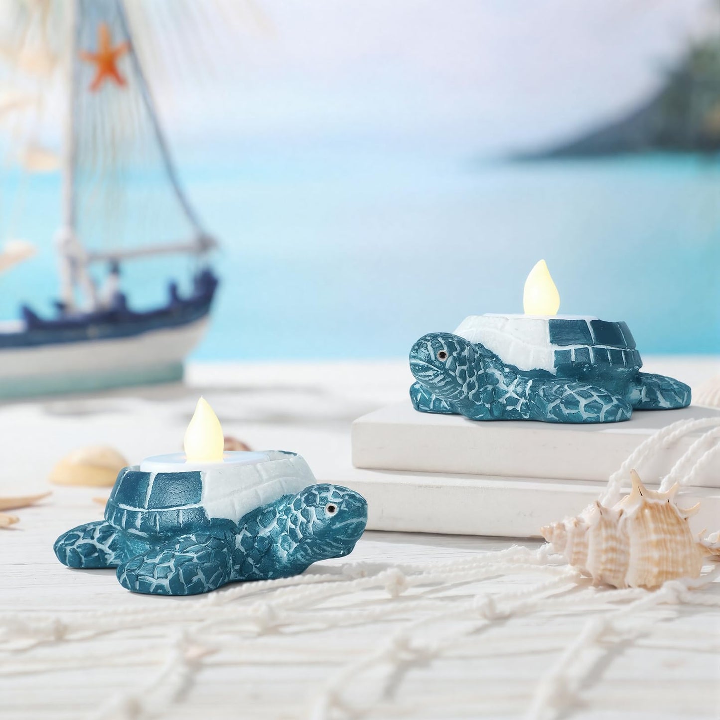 Reallnaive 2 Pcs Sea Turtle Tealight Candle Holder for Beach, Ocean Ceramic Turtle Candle Holder, Rustic Nautical Coastal Table Decor for Beach Bar Home Kitchen Housewarming Decor Gifts