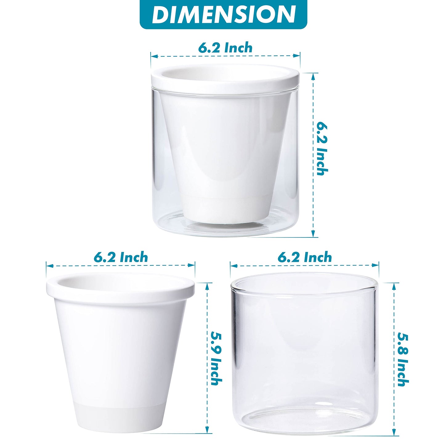 D'vine Dev 6 Inch Design Self Watering Planter for Indoor Plants, White Terracotta Pots with Cylinder Glass Cup, Set of 2, 37-Y-B-2