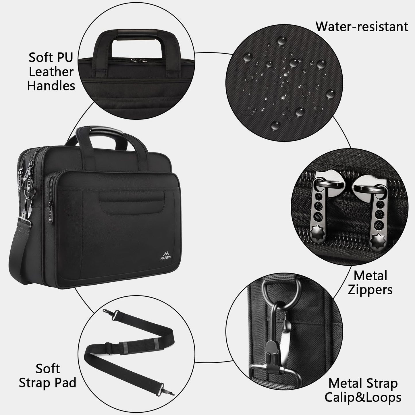 MATEIN Laptop Bag, 15.6 Inch Multifuntional Business Computer Laptop Case, Unisex Spacious Shoulder Messenger Bag Briefcase for Men and Women, Universal Nylon Briefcase for Notebook - Black