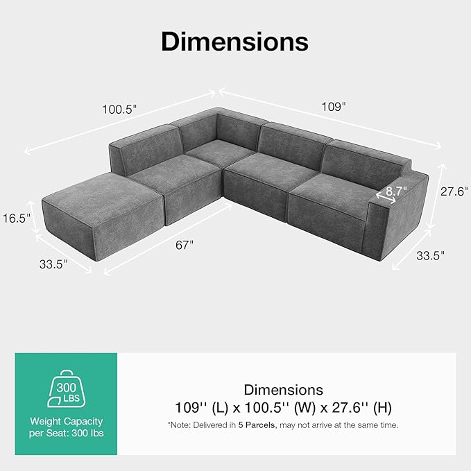 Novilla 109" Modular Sectional Sofa, No Assembly Cloud Sectional Couch