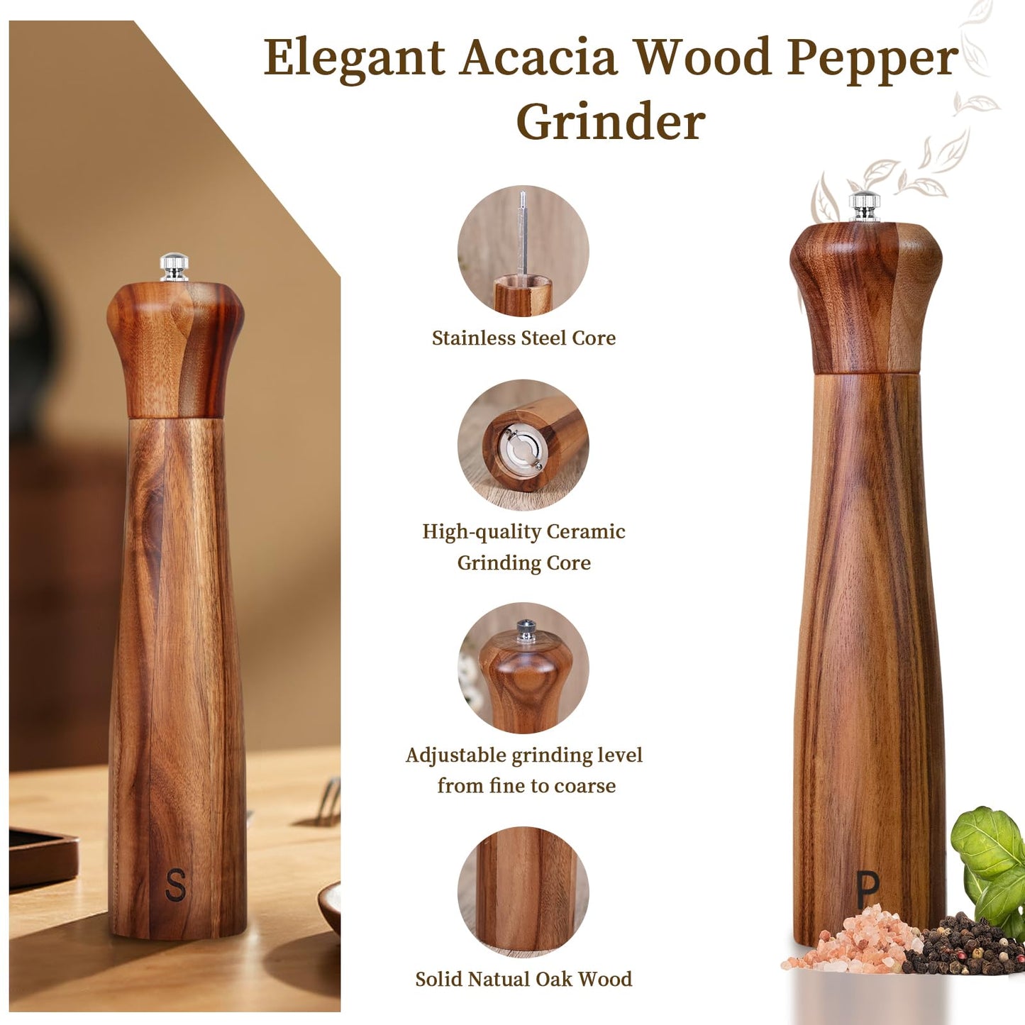 Haomacro 2 Pack 10 Inch Acacia Wooden Salt and Pepper Grinder Set, Manual Salt and Pepper Mills, Salt Grinder Refillable with Adjustable Coarseness, Ceramic/Stainless Steel Core Tableware Gifts