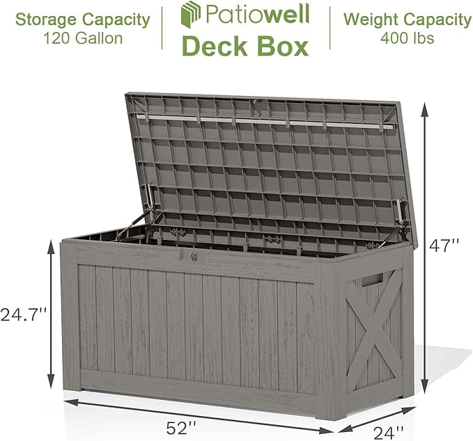 Patiowell 120 Gallon Large Deck Box, Outdoor Lockable Storage Box for Gardening Tools, Waterproof Deck Box for Patio Furniture, Light Brown
