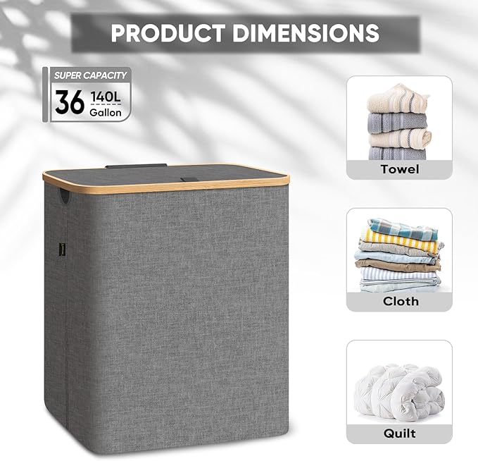 BALEINE Laundry Hamper with Lid, Tall Laundry Baskets with Bamboo Pull Handles