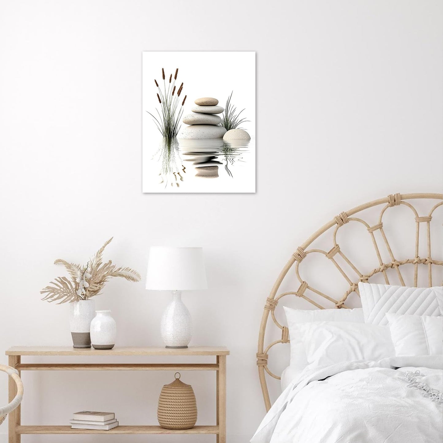 EOBTAIN Zen Wall Art for Bathroom Zen Stone with Green Wild Grass in Water Nature Canvas Wall Art for Bedroom Living Room Spiritual Relaxing Canvas Paintings Spa Yoga Office Wall Decor,12x16 Inch