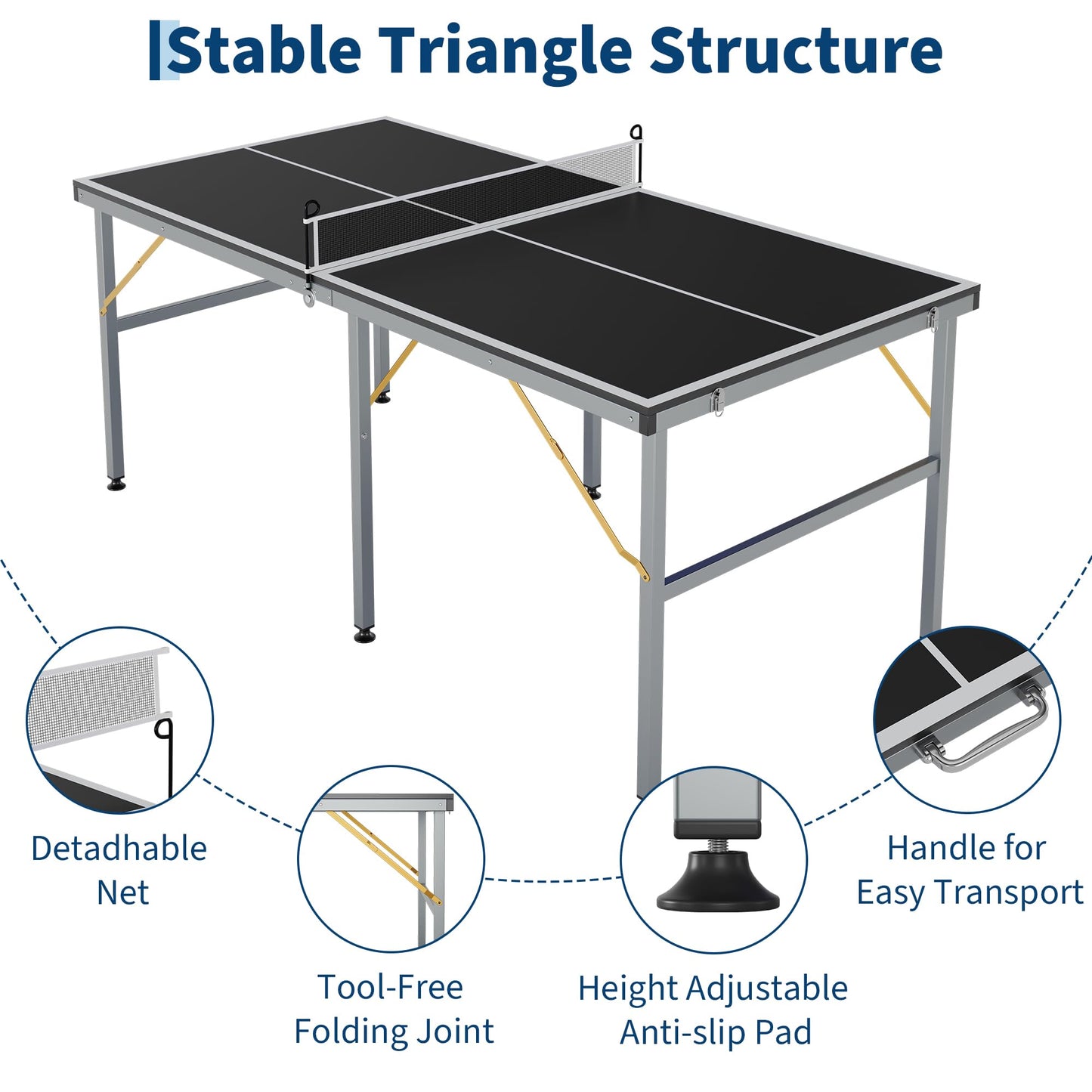 6x3ft Mid-Size Professional Portable Folding Ping Pong Table - Indoor/Outdoor Table Tennis Game Set with Net, 2 Paddles & 4 Balls for Adults and Teens- Quick Assembly