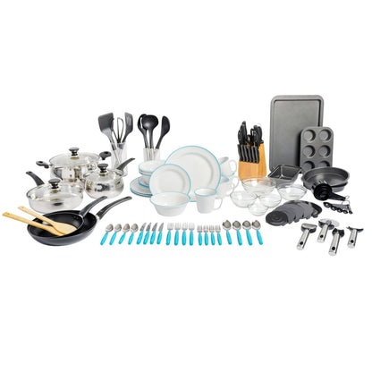 Gibson Home 74 Piece Kitchen in a Box Pots and Pans Cookware, Plates and Bowls Dinnerware, Cutlery Knife Block, Flatware Utensils, Tools & Gadgets, Storage, Glasses Set