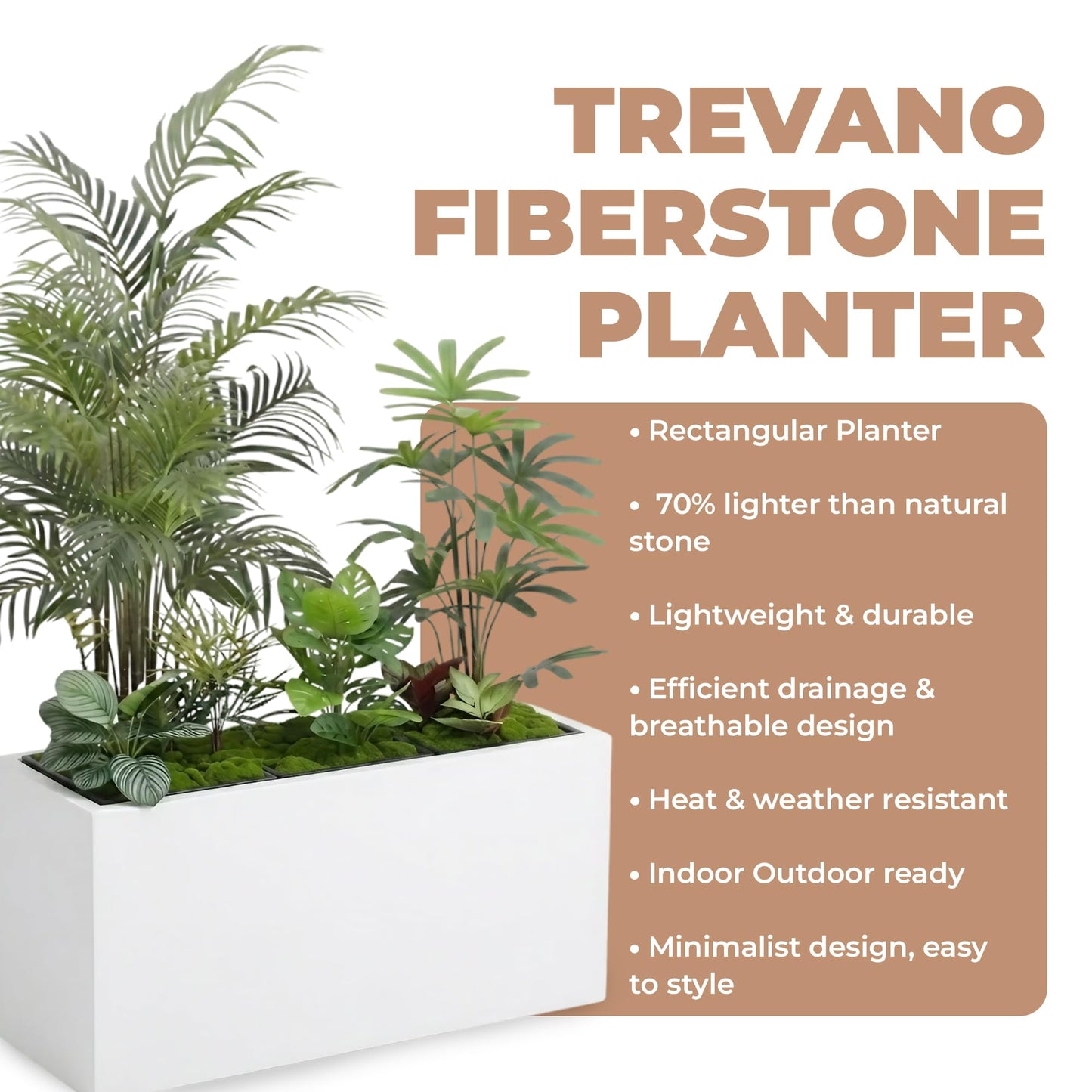 DEPLA LANE Trevano Fiberstone Rectangular Planter (26" L x 9.8" W x 15.7" H) Smooth Finish, Removable Inner Pots, Lightweight, Durable, UV Resistant, Minimalist Indoor Outdoor Plant Pot (M, White)