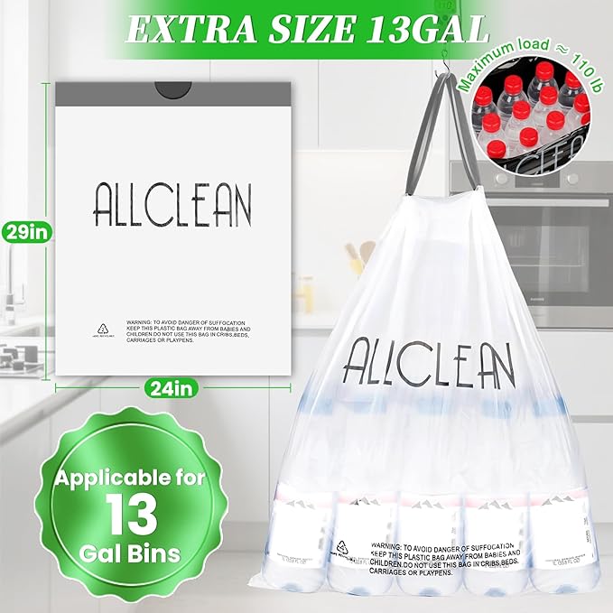 Trash Bags 13 Gallon Tall Kitchen Drawstring Garbage Bags, Fit 13 Gal Bins