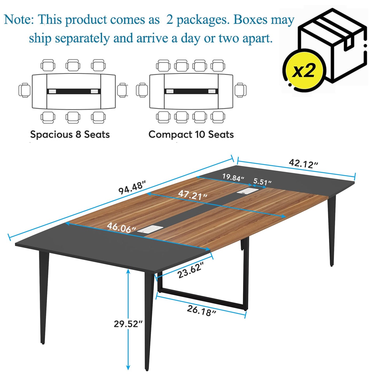 Tribesigns 8FT Conference Table, 94.48L x 47.24W x 29.52H Inches Boat Shaped Meeting Table with Rectangle Grommet, Modern Seminar Boardroom Table for Office Conference Room (8ft, Walnut & Black)