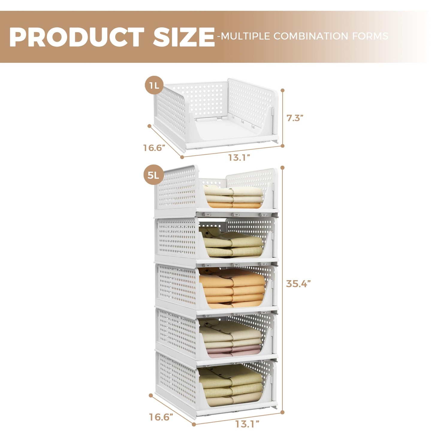 Pinkpum 5 Pack Stackable Plastic Storage Closet Organizers and Storage Bins Drawer Shelf Storage Container for Wardrobe Cupboard Kitchen Bathroom Office White
