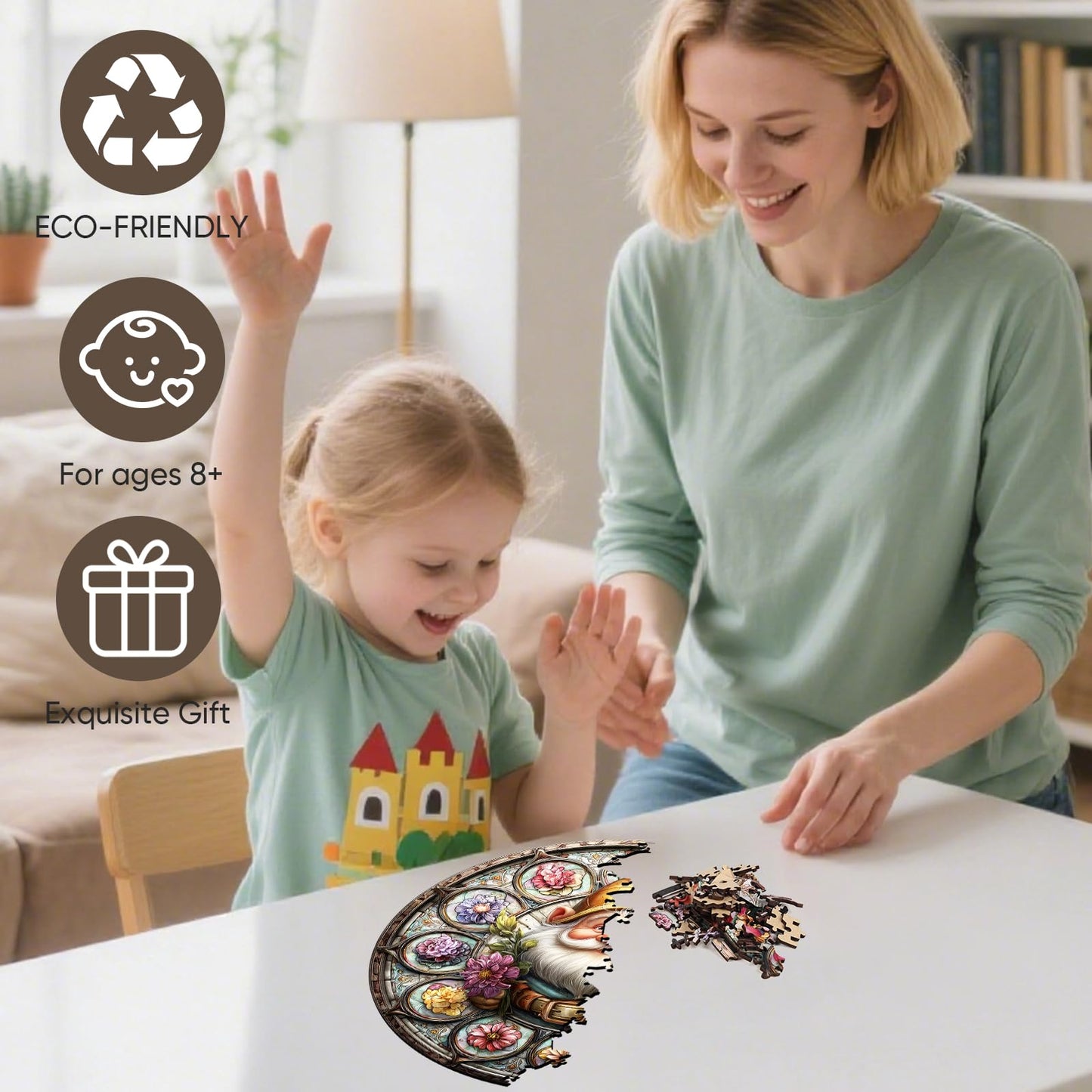 Mocfesk Wooden Puzzles for Adults, 200 Pieces Gnome Jigsaw Puzzles, Unique Shaped Puzzles with Exquisite Wooden Box, Family Game, 11.2'' x 11.2''