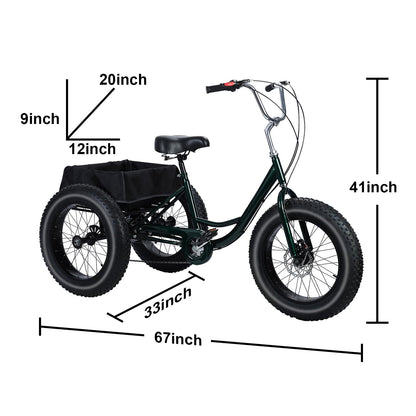Fat Tire Tricycle, Adult 7-Speed Trike with 4-Inch Tires, Adjustable Seat & 450 lbs Weight Capacity, Large Shopping Basket with Waterproof Bag, 2 Disc Brakes for Gravel & Snow Roads Black 68"*34"