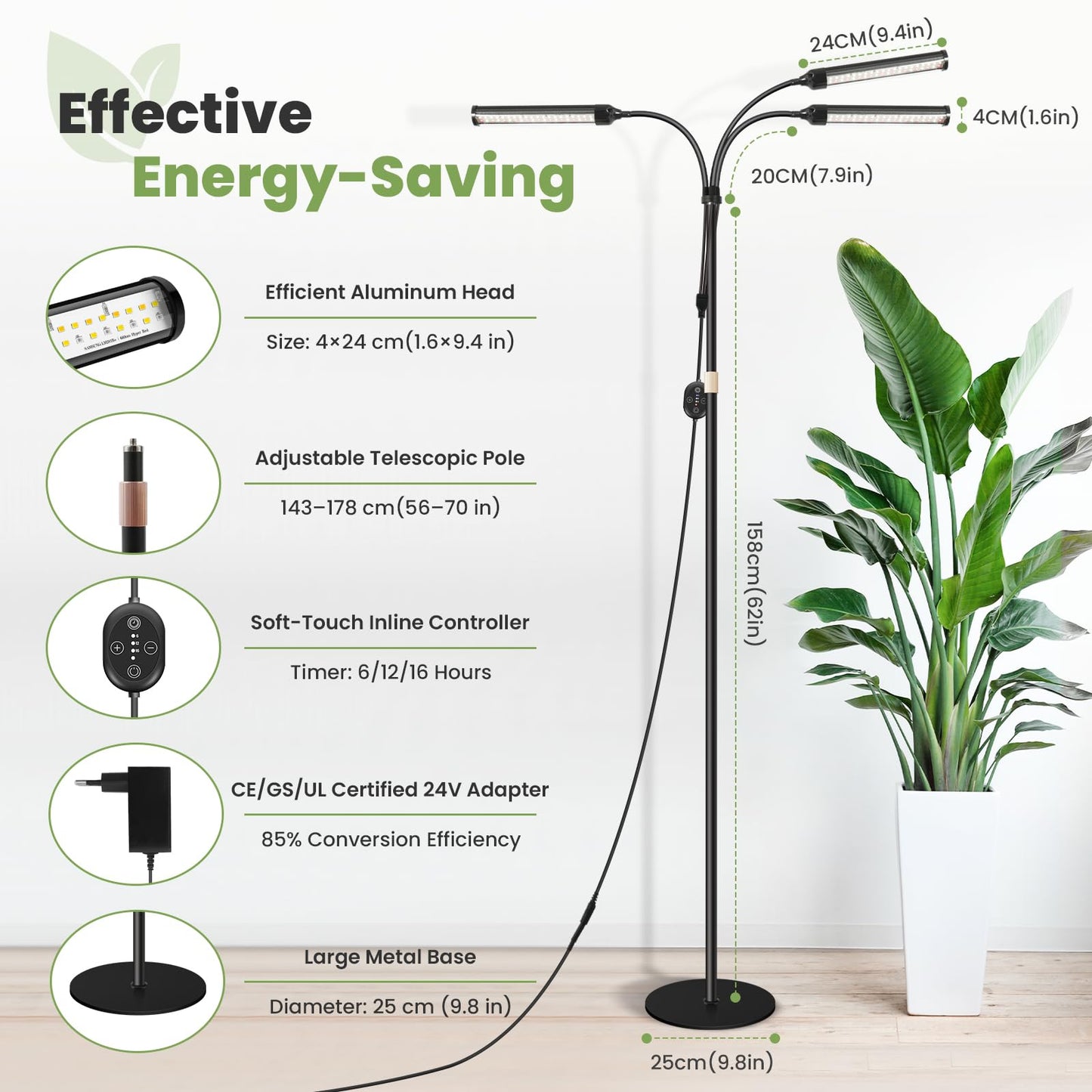 Large Plant Lights for Indoor growing 24V, 660nm-Enhanced Full Spectrum, LM281B+ LED Grow Light, Plant Light with Timer & Dimming, Adjustable Height 22–70in, 9.8in Base, 28W, 560μmol/s/m²@6in