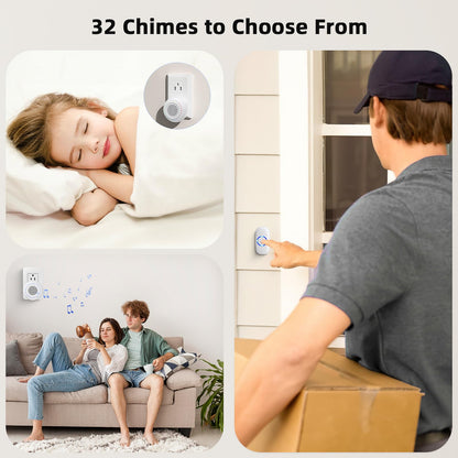 Wireless Doorbell • PHYSEN • Doorbell Chime Kits with 1 Transmitter 1 Receiver • Waterproof • Operating at 1000ft Range • 32 Ringtones • 4 Volume Levels • LED Flash • Door Bell for Home Classroom