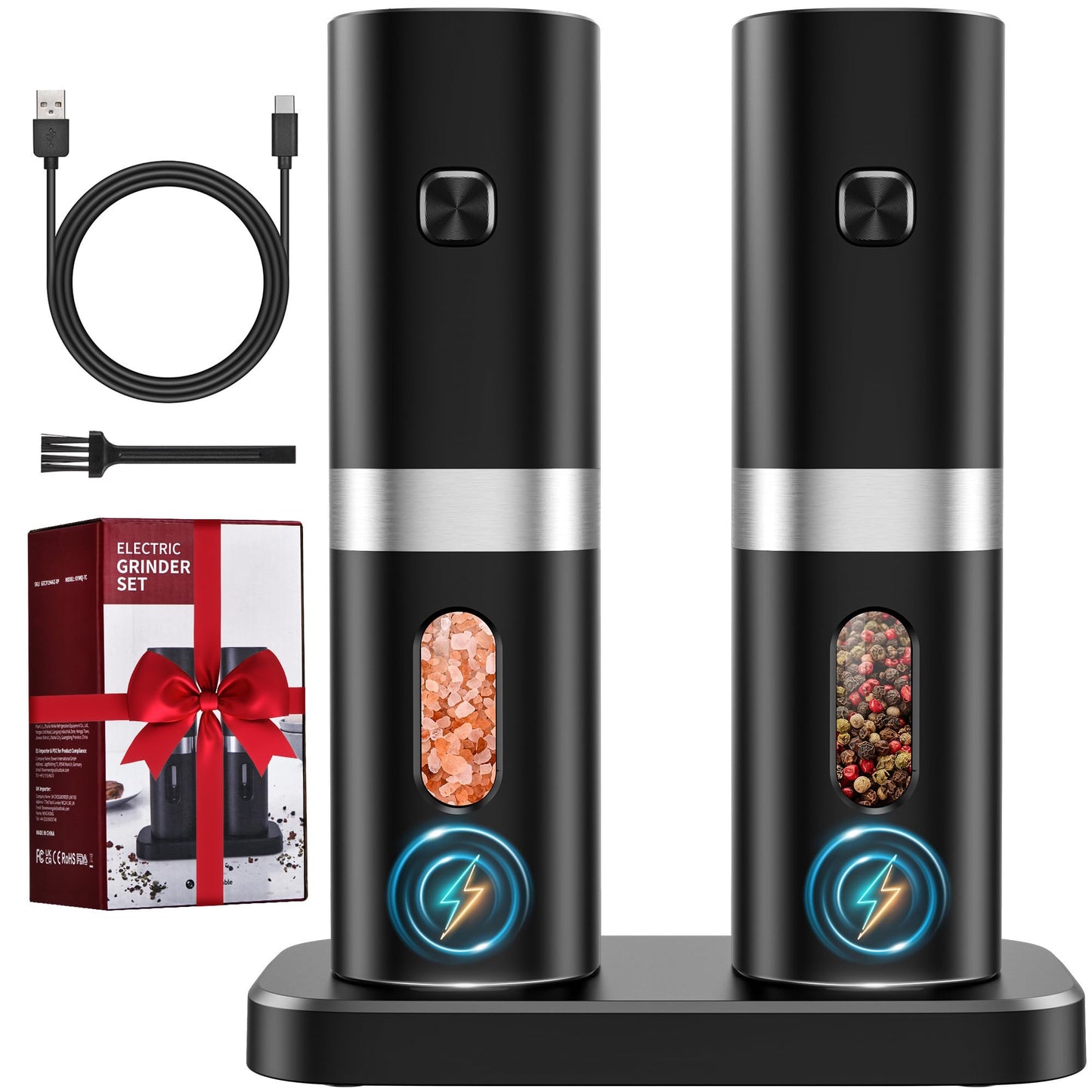 Electric Salt and Pepper Grinder Set, New Rechargeable Salt and Pepper Mill with Charging Base, Adjustable Coarseness Shakers with LED Light, One Hand Operation for Kitchen Appliances Gifts for Women
